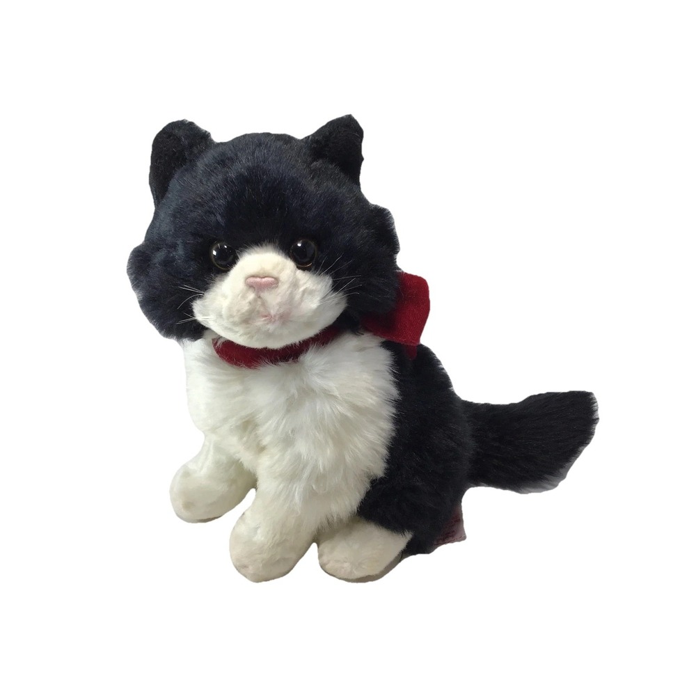 Russ Berrie Misty Realistic Sitting Black and White Cat Red Bow 9"